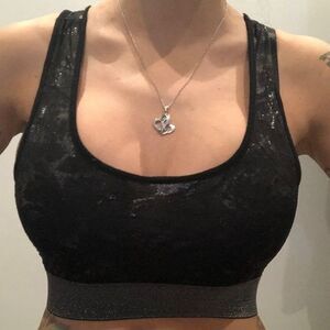 DEB Small Black Full Lace Back Bra/ Crop Top with Silver Band On‎ Bottom